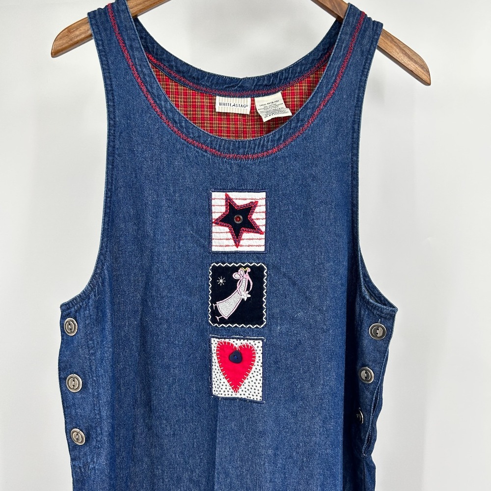 Vintage Country Cottage Denim Jumper Dress Womens M Embroidered Peasant Prairie
